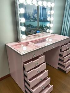 Mesa de tocador moderna rosa con espejo con luz LED y 10 cajones para dormitorio de ensueño Esquina de maquillaje para apartamentos - Product Image 2