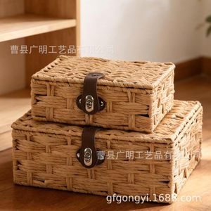 Handmade Woven <b>Storage</b> <b>Basket</b> Rectangle Medium <b>Large</b> Flip Top Organizer For Toys And Sundries - Product Image 2