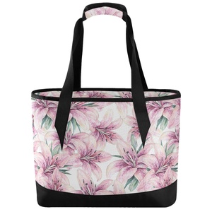 Pink Lily Flowers Print Tote Bag Custom 36 Cans Portable Insulated Cooler Lunch Bag with Shoulder - Product Image 1