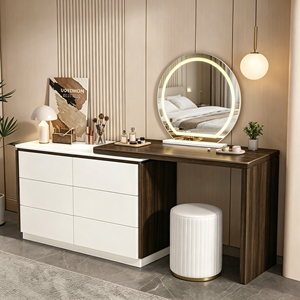 Ensemble de coiffeuse en bois blanc avec miroir LED rond, coffre de rangement, base verticale cannelée dorée, tabouret et bureau de maquillage extensible pour chambre à coucher - Product Image 1
