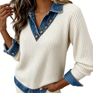 Maglia da <span class=keywords><strong>donna</strong></span> in maglia a costine con finiture in denim - Top a maniche lunghe con scollo a V e dettaglio bottoni Sehe Fashion - Product Image 5