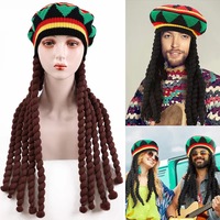 Gorra de disfraz de reggae jamaicano Rasta con peluca de rastas estilo Bob Marley, color personalizado, poliéster, sombrero de bruja de Halloween