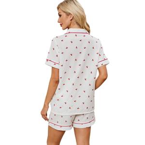 Offre Spéciale femmes été décontracté solide motif pyjama ensemble taille élastique doux cerise imprimé vêtements de nuit Shorts vêtements de détente - Product Image 5