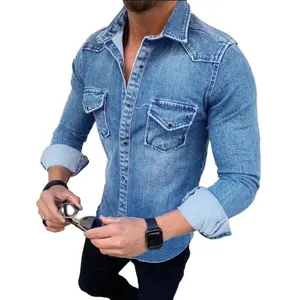 RNSHANGER Chemise en jean à manches longues délavée à la mode coréenne pour hommes, chemise d'affaires élégante à double poche pour hommes