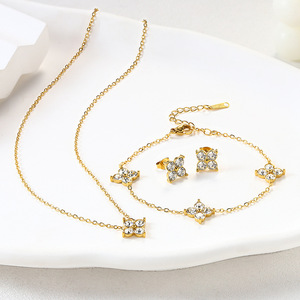 Ensemble de bijoux en acier inoxydable plaqué or 18 carats avec zircon, collier, bracelet, boucles d'oreilles, MEILLEUR /Ensemble pour femme, cadeau de fête - Product Image 1