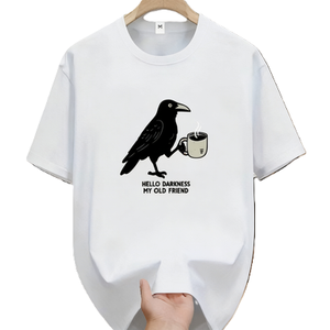 เสื้อยืดกราฟิกลายตลก รูปอีกาดื่มกาแฟ สวัสดีความมืด เพื่อนเก่าของฉัน เสื้อยืดโอเวอร์ไซส์ ผ้าฝ้าย แขนสั้น สตรีทแวร์ เสื้อยืดลำลอง - Product Image 1