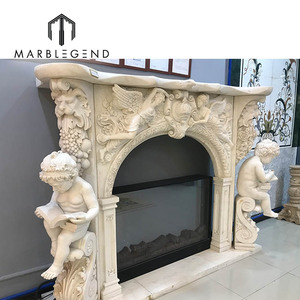 เตาผิงคลาสสิกยุโรปล้อมรอบมือแกะสลัก Cherubs ขาว Carrara หิ้งเตาผิงหินอ่อนสำหรับวิลล่า - Product Image 5