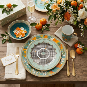 Vajilla de Porcelana Fina <span class=keywords><strong>Siciliana</strong></span> Naranja con Diseño Geométrico, Platos para Banquete de Cítricos, Venta al por Mayor - Product Image 2