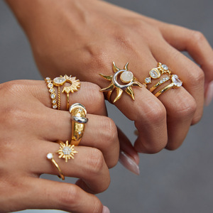 Designer <b>Ring</b> Set Gold Tone Sun <b>Moon</b> Star Zircon Women's Fashion Jewelry Gift - Product Image 2