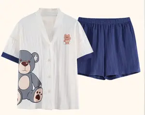 Летняя симпатичная Хлопковая пижама с коротким рукавом и пуговицами для девочек