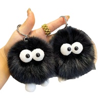 Porte-clés de voiture en cuir véritable, petit pendentif boule de charbon mignon et unique, boule en peluche elfe, décoration de sac à dos, cadeau