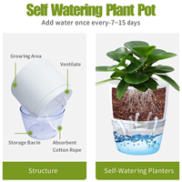 Pot de fleurs transparent à double couche en plastique de 3/4/6/9 pouces, auto-arrosant, avec corde en coton et port d'injection d'eau