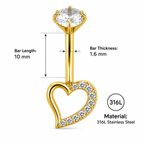 Anneaux de nombril en acier chirurgical 316L avec zircon CZ, croix dorée, cœur, coquillage, soleil, lune, baguette – Bijoux de piercing pour femme