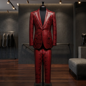 Conjunto de Traje de Cuero Genuino con Estampado de Serpiente para Hombre, Doble Botonadura, Cortavientos, Personalizable, Tallas Grandes, 4 Estaciones, Abrigo y Pantalones al por Mayor - Product Image 3
