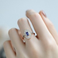 Bague Rétro en Velours Océanique II - Luxueuse Bague Plaquée Or 24K avec Émail Bleu Zurich et Zirconias - Style Rétro