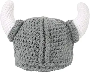 Touca malha barba viking com chifres, gorro engraçado barba artesanal para bebê pai-filho adulto cinza.