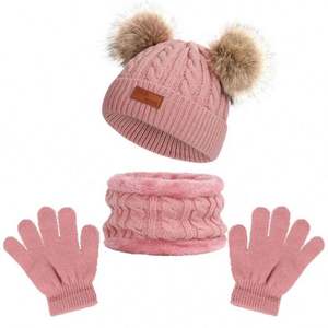 Gorro de Punto para Niñas, con Pompón de Peluche, Bonito Gorro para Bebé, Conjunto de Bufanda y Guantes, Gorros Cálidos de Invierno - Product Image 1