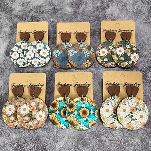 Böhmische Vintage runde Blumen druck Holz Ohrringe für Frauen Schmuck Zubehör Blumen Patchwork Holz Western Ohrringe