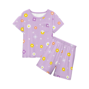 LQSZ Girls Breathable Printed Jersey Floral Pajamas Set Summer Toddler <strong>PJs</strong> Short Sleeves Pocket 95% Polyester 5-12 Years - Product Image 1