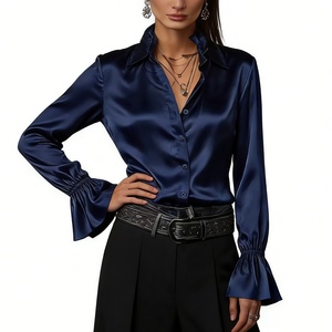 Women's Satin Ruffle Collar Sleeve Blouse - Button Front Casual <b>Top</b> Shirt Fashion - Product Image 4