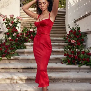 Vestido de noche de talla grande de satén para mujer, vestido de cóctel de graduación, gótico, vintage, midi, Rojo