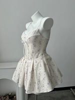 Robe Courte Évasée à Bretelles Fines Imprimé Floral avec Corset à Baleines, Poches Latérales, Style Vintage Décontracté pour Vacances et Rendez-vous, Qualité OEM Supérieure