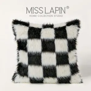 Fluffy Sofa Throw Pillow Case Black and White Checkerboard Patterns Faux Fur Modern Cushion Covers Decorative
