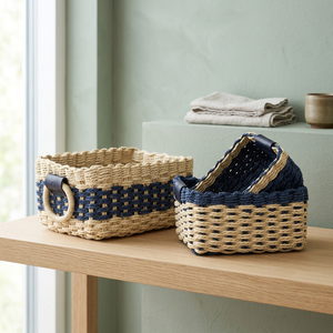 Nordic <b>Rope</b> Storage <b>Baskets</b> With Handles Rectangle Multi-Purpose Neatening Organizers Beige Navy Blue - Product Image 2