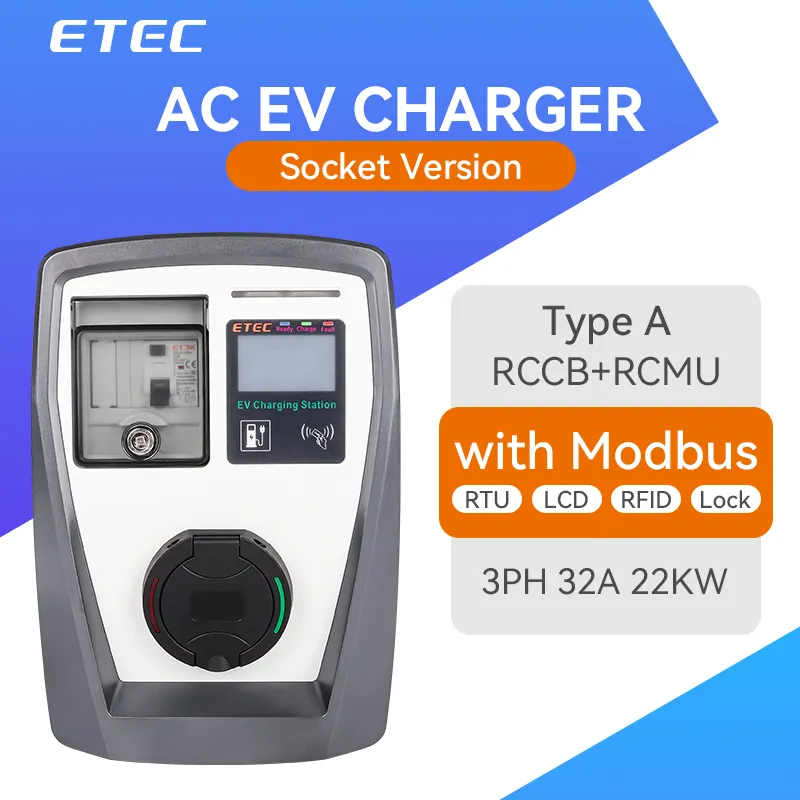 Estación de carga ETEC EKEC1 AC EV rápida (RCD incluido) EVSE Wallbox 3.7KW ~ 22KW con cargador EV de enchufe tipo 2