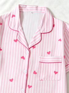 Conjunto de Pijama de Verano para <span class=keywords><strong>Mujer</strong></span> con Estampado de Corazones, Camiseta de Manga Corta y <span class=keywords><strong>Pantalones</strong></span> <span class=keywords><strong>Cortos</strong></span> a Rayas Rosas, Ropa de Dormir Cómoda - Product Image 3