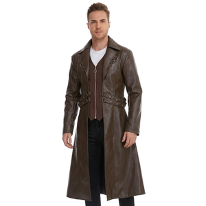 <b>Men</b> Genuine <b>Leather</b> Long Trench Coat Notched Lapel Double Breasted Belted Overcoat Regular Fit - Product Image 2