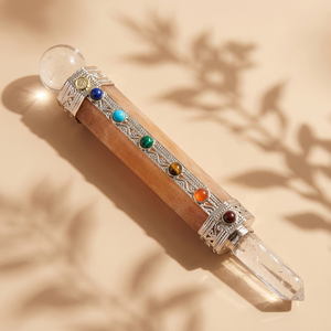 Bâton de guérison des chakras en quartz doré aventurine, motif 7 chakras, pierre précieuse artisanale Feng Shui, pierre semi-précieuse fabriquée à la main, Gujarat - Product Image 1
