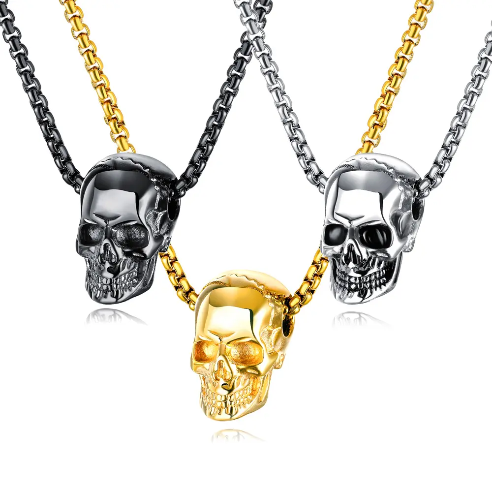 Punk Rock Men Jewelry Gold Black Plated Silver Color 316L Stainless Steel Skull Necklace