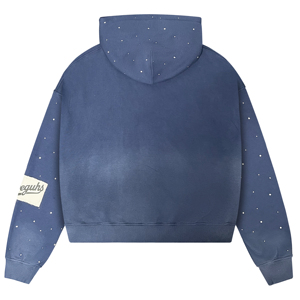 Sudadera con capucha informal de gran tamaño con cremallera, estilo retro deportivo, con parche tejido y detalles de diamantes de imitación en degradado, lavado vintage, ODM OEM - Product Image 2