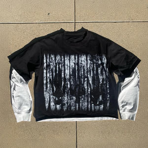 Camiseta Personalizada de Estilo Urbano para Hombre, Corte Regular, Cuello Redondo, Manga Larga, Hombros Caídos, Estampado Desgastado, Doble Capa, 100% Algodón Jersey, Estilo Vintage - Product Image 1