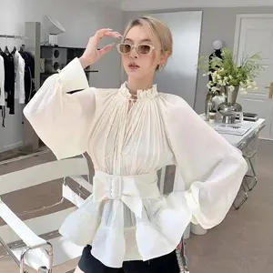 Wholesale 2024 Spring/Summer New Stand Up Neck Style Sexy Waist Closing and Slimming Design Long Sleeved Women's Shirts