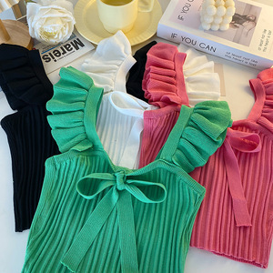 Haut bandeau <span class=keywords><strong>tricot</strong></span>é à manches courtes pour <span class=keywords><strong>femme</strong></span>, vêtement d'extérieur sans manches style bonbon avec détail nœud, chemisier à manches courtes - Product Image 2