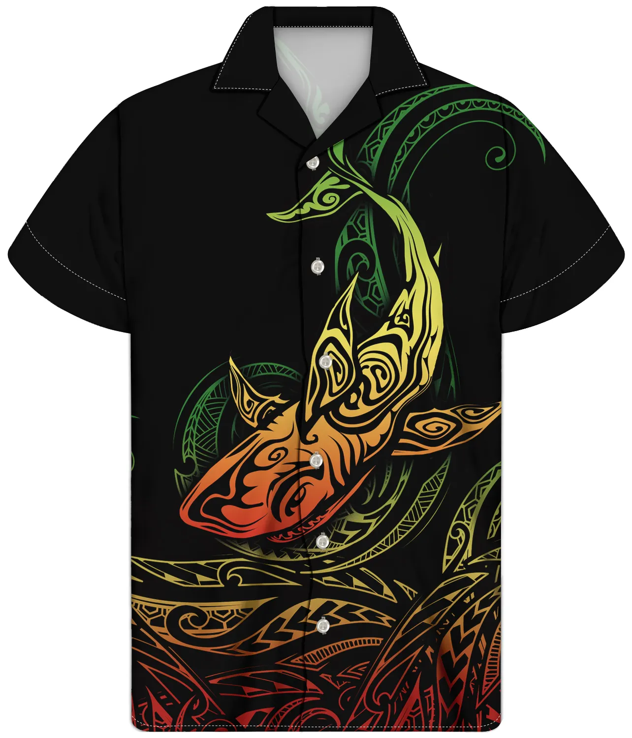 Siyah gömlek erkekler için koyu polinezya Tribal köpekbalığı güneş sembolü dövme kumaşlar erkekler yaz giyim erkekler için tropikal gömlek