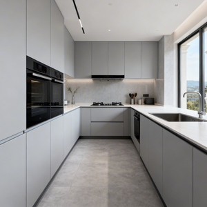 Armoires <span class=keywords><strong>de</strong></span> cuisine modulaires en forme <span class=keywords><strong>de</strong></span> U Panneaux <span class=keywords><strong>de</strong></span> particules écologiques avec laminage en PVC Glissières à fermeture - Product Image 2