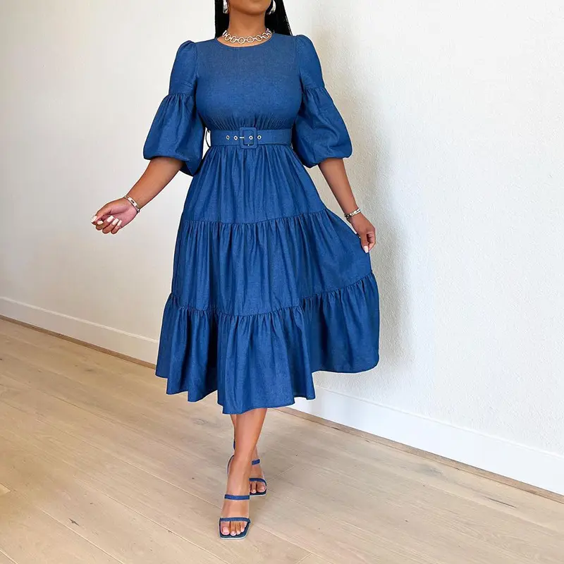Casual Fashion Puff Sleeve Blue Jean Dresses Denim Women Leisure Garments For Mother Round Neck High Waist Denim Dress For Party