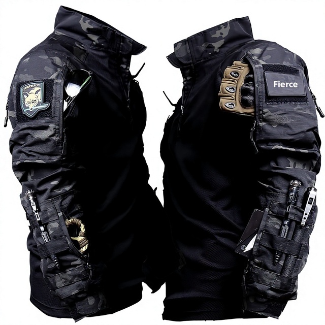 New-style Waterproof Polyester Wading Suit Tactical Long-Sleeve Camouflage Uniform for Men CS Motorcycle Riding Night-Dark