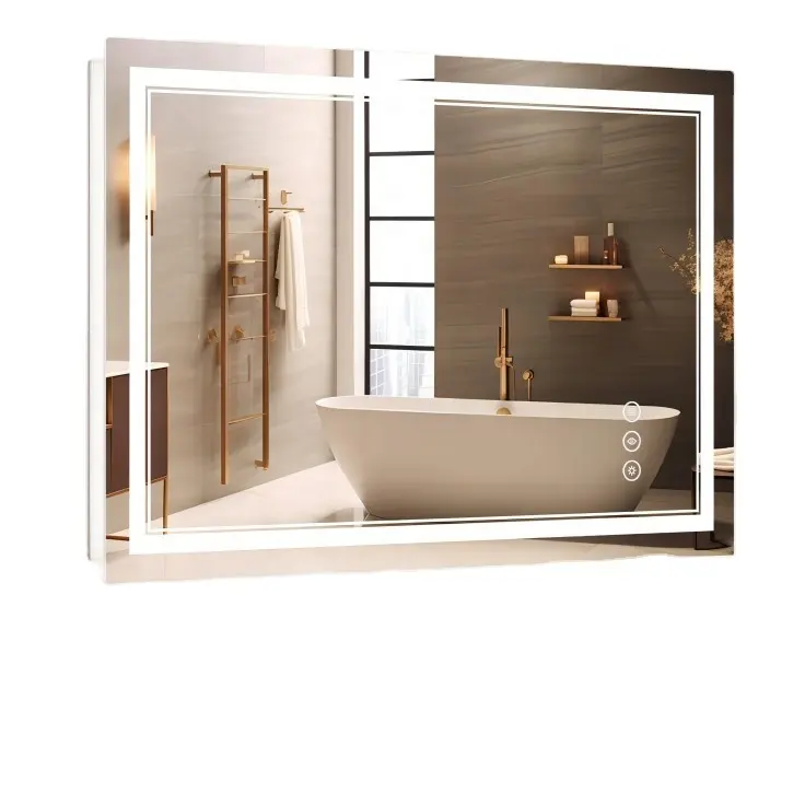 Espejo de pared LED retroiluminado rectangular con sensor táctil, espejo de baño antivaho, espejo de vidrio templado