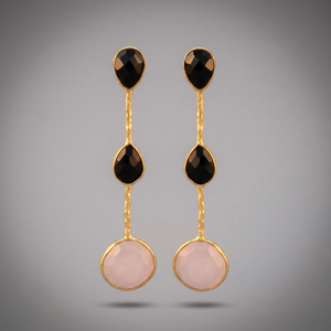 Nouvelles boucles d'oreilles ethniques en onyx noir et quartz rose plaquées or pour mariage et fiançailles - Product Image 3