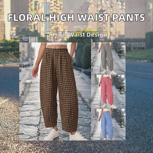 Women Breathable Flat <b>Plaid</b> Barrel <b>Pants</b> High Waist Wide Leg Loose Casual Trousers with Pockets Summer Wear - Product Image 2