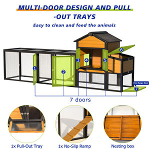 Poulailler extérieur en bois pour 2 à 4 poulets, avec enclos, 7 portes, plateau coulissant, nichoir et rampe, poulailler extensible - Product Image 2