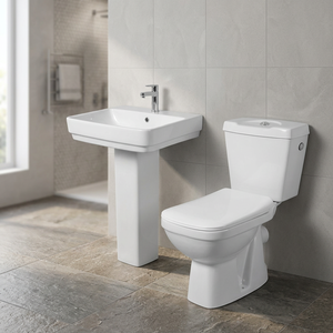Ensemble WC et lavabo en céramique de haute qualité, deux pièces, avec piédestal, pour hôtels et salles de bain de projets - Product Image 2
