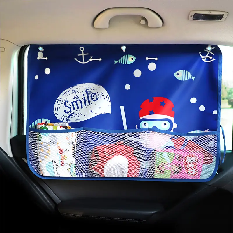 Parasol para ventana lateral de coche, cortina de protección UV ajustable de dibujos animados, cubierta de persiana para visera solar con bolsillo de almacenamiento para bebé