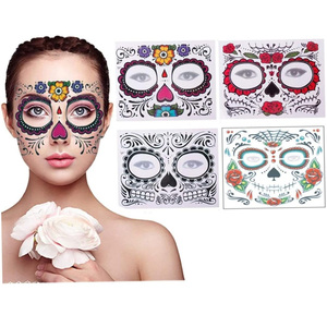 Tatouages temporaires pour le visage Jour des Morts, motifs crâne en sucre et floraux, autocollants de tatouage imperméables pour maquillage de fête d'Halloween - Product Image 1