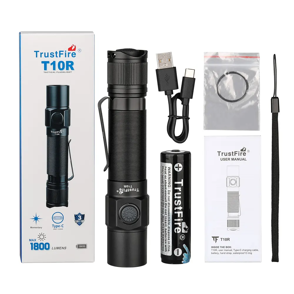 Тактический фонарик TrustFire T10R IP68 водонепроницаемый 1800LM 18650 USB C фонарик для кемпинга фонарики