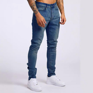 Jean slim élégant pour homme en denim extensible, taille mi-haute, couleur unie délavée, coupe crayon, pour soirée et tenue décontractée - Product Image 1
